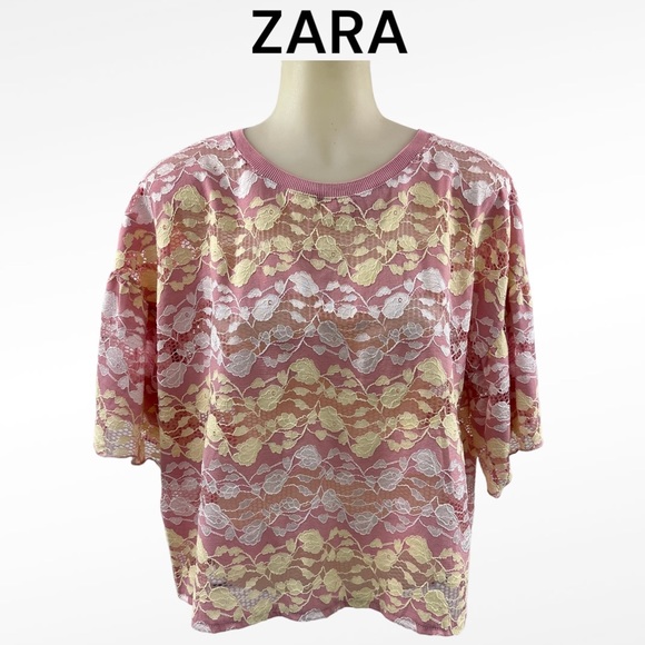Zara Tops - ZARA Blouse Pink Short Bell Sleeve Lace Crop Ribbed Round Neck Sheer Top…